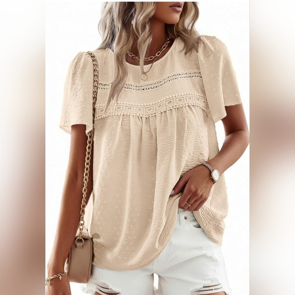 Chic Beige Blouse with Lace Accents